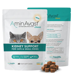 AminAvast small dogs kidney support bottle label promotes trusted daily kidney wellness.