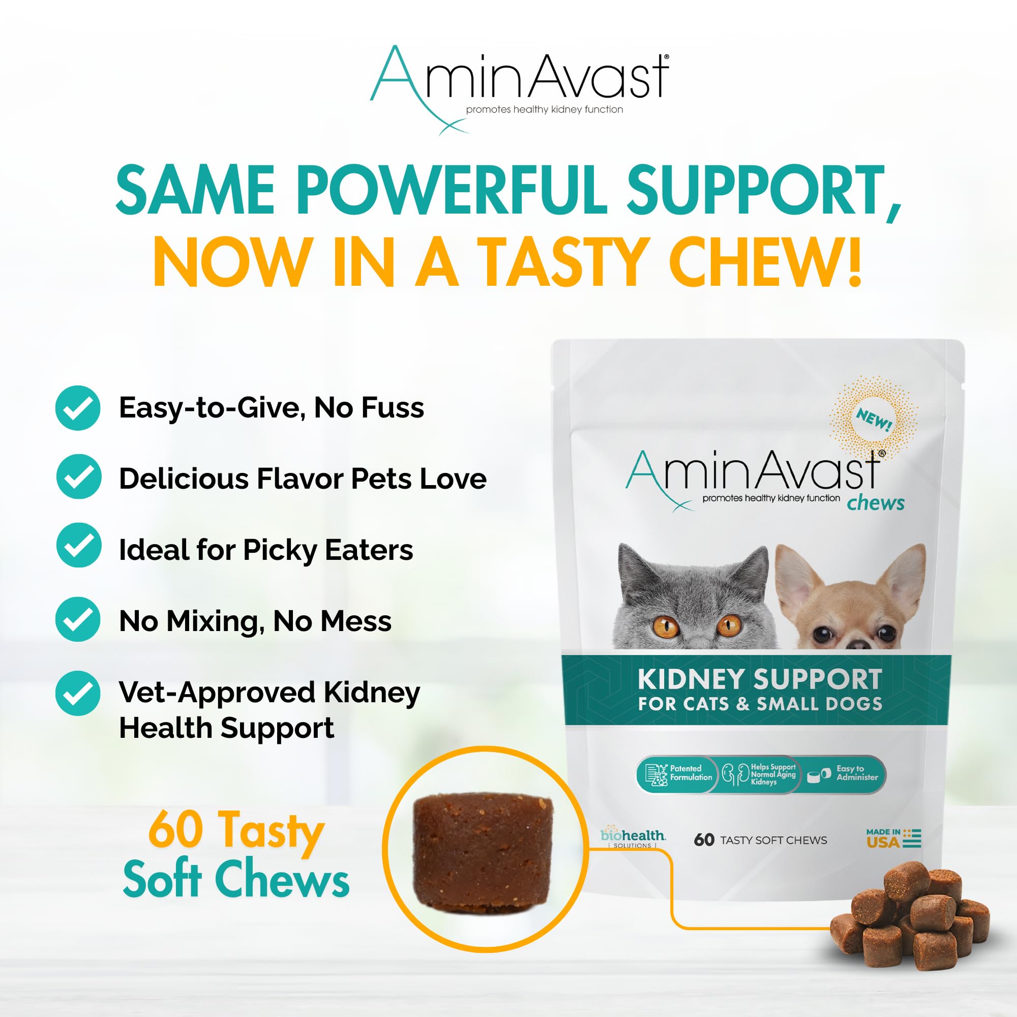 AminAvast small dogs kidney support serving suggestion image illustrates easy daily dosing.