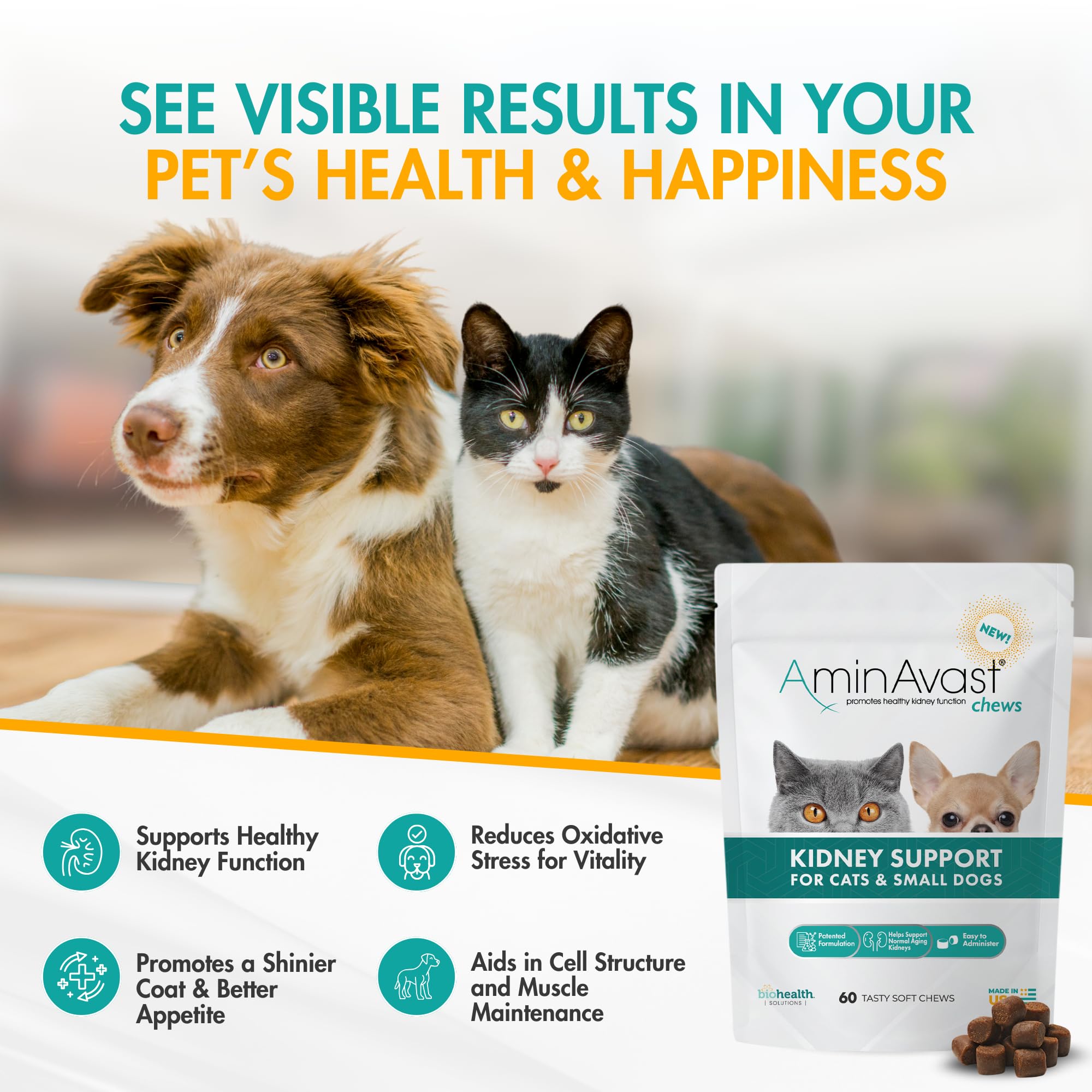 AminAvast soft chews closeup shows a tasty daily kidney support for cats and dogs.