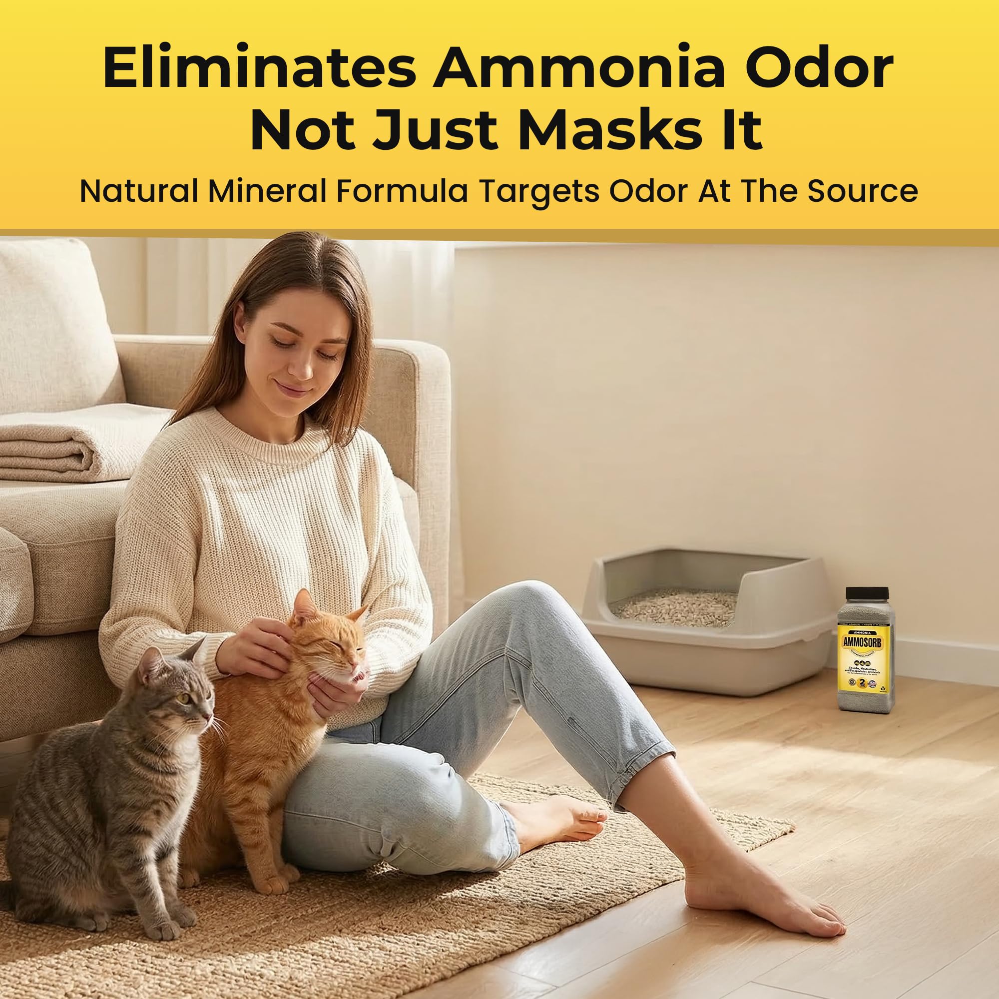 AMMOSORB granules sprinkled in litter box for lasting odor control