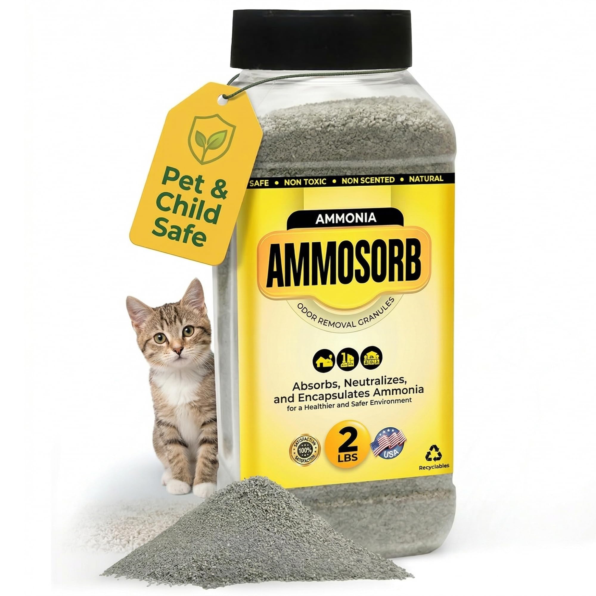 AMMOSORB cat litter deodorizer granules at litter box reducing odor at the source