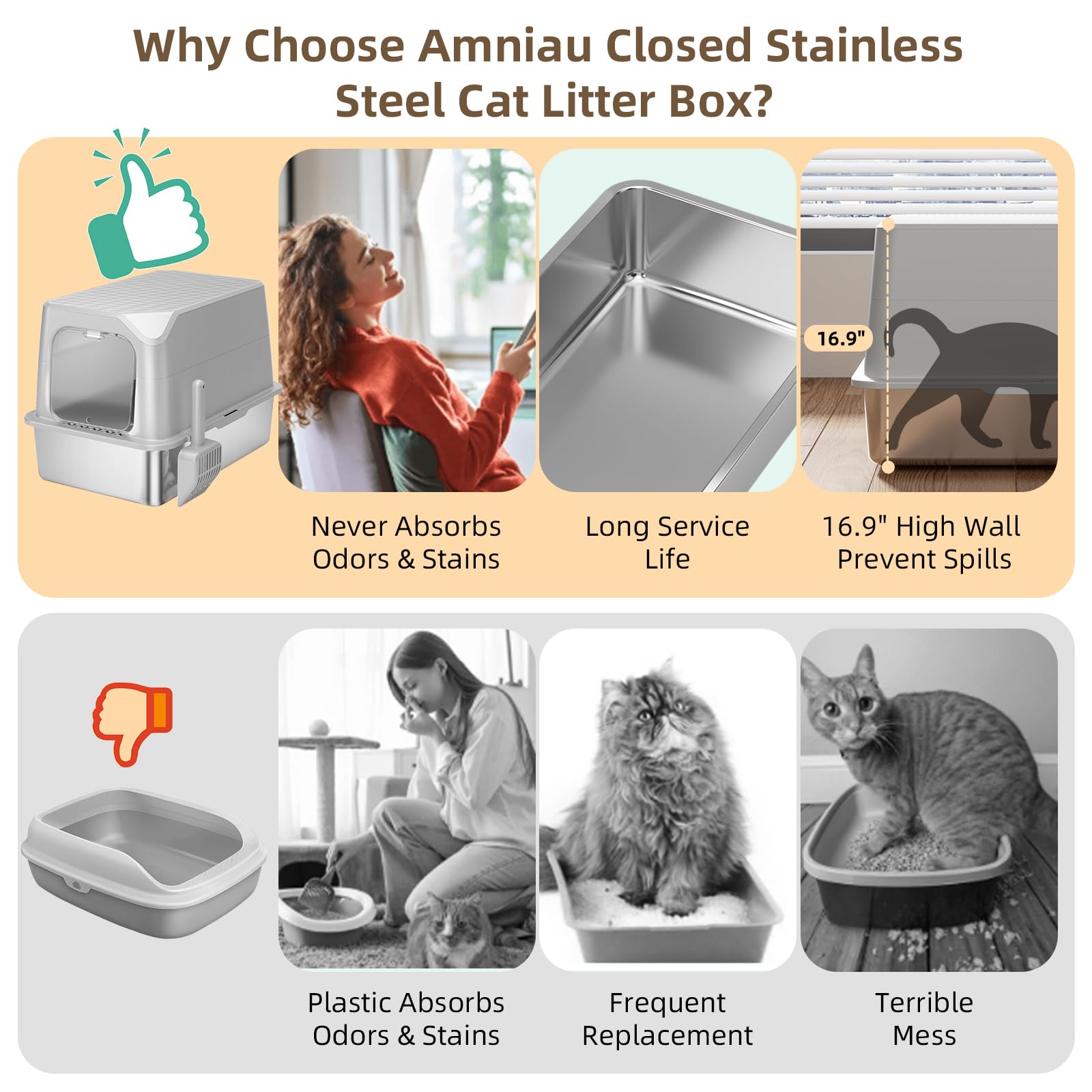 Amniau stainless steel box with lid open shows privacy option and quick cleaning access