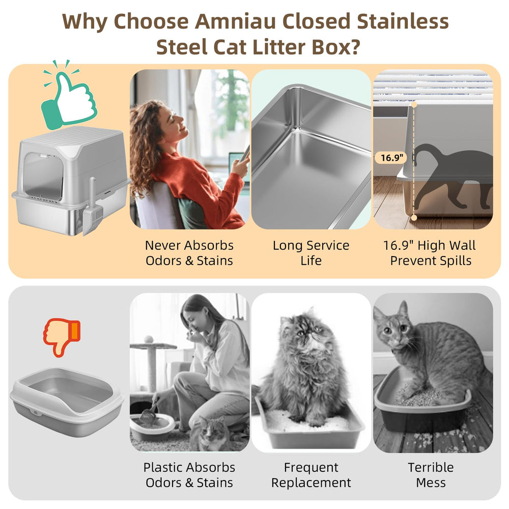 Amniau stainless steel box with lid open shows privacy option and quick cleaning access