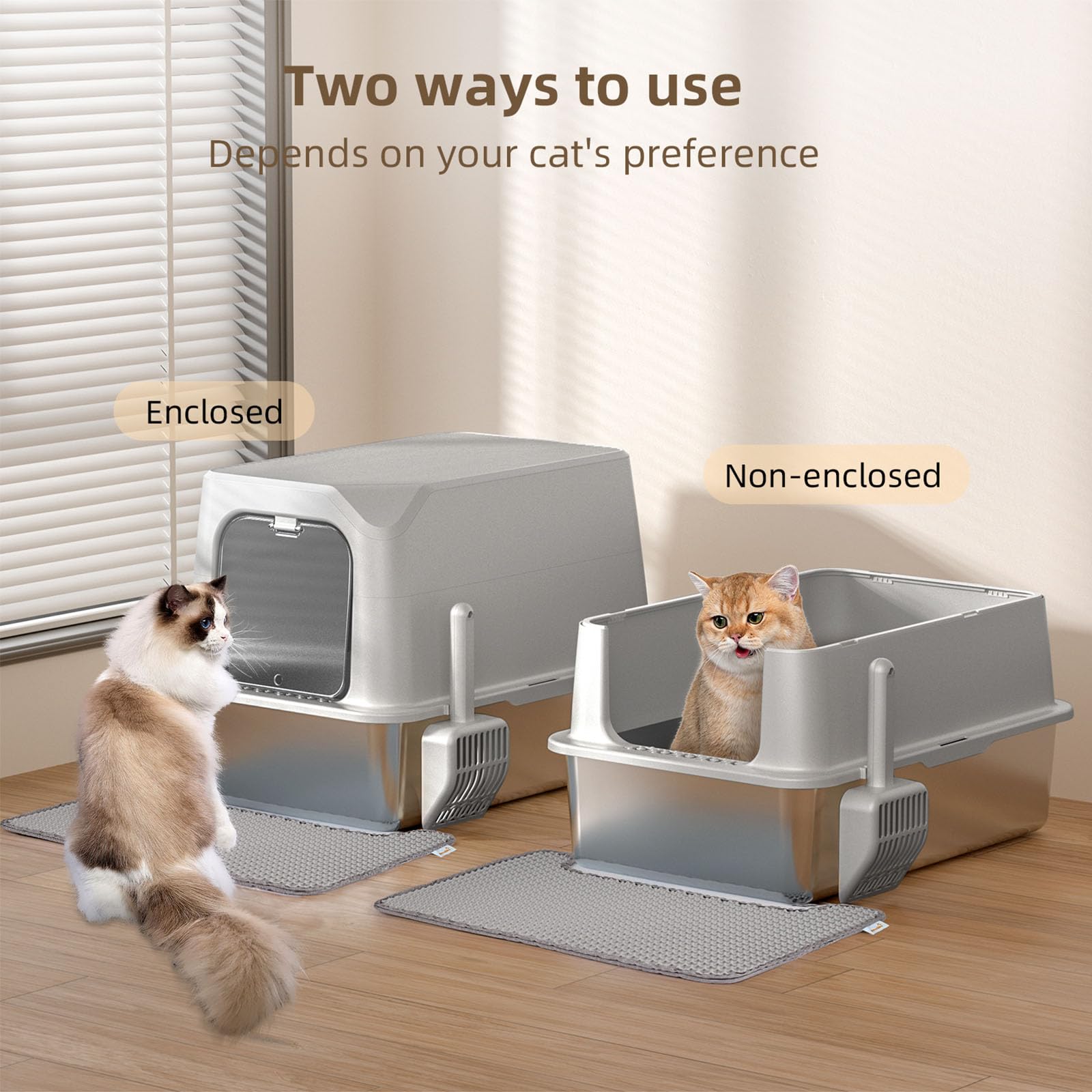 Amniau stainless steel litter box with removable inner bowl enables effortless scooping and sanitation