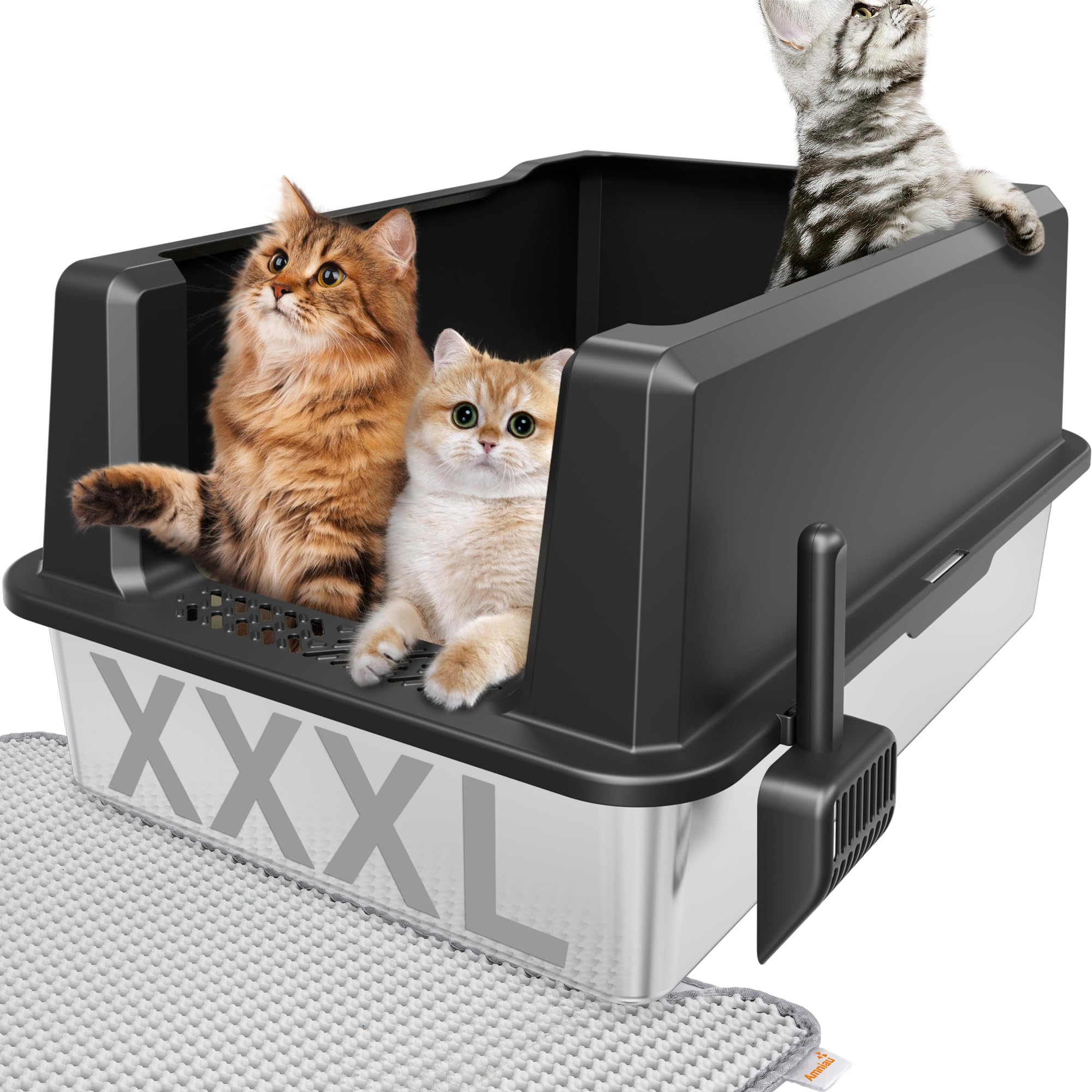 Amniau stainless-steel jumbo open litter box, rust-resistant and durable for large cats.