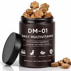 AMOQUCT DM-01 dog multivitamin bottle with skin and coat support.