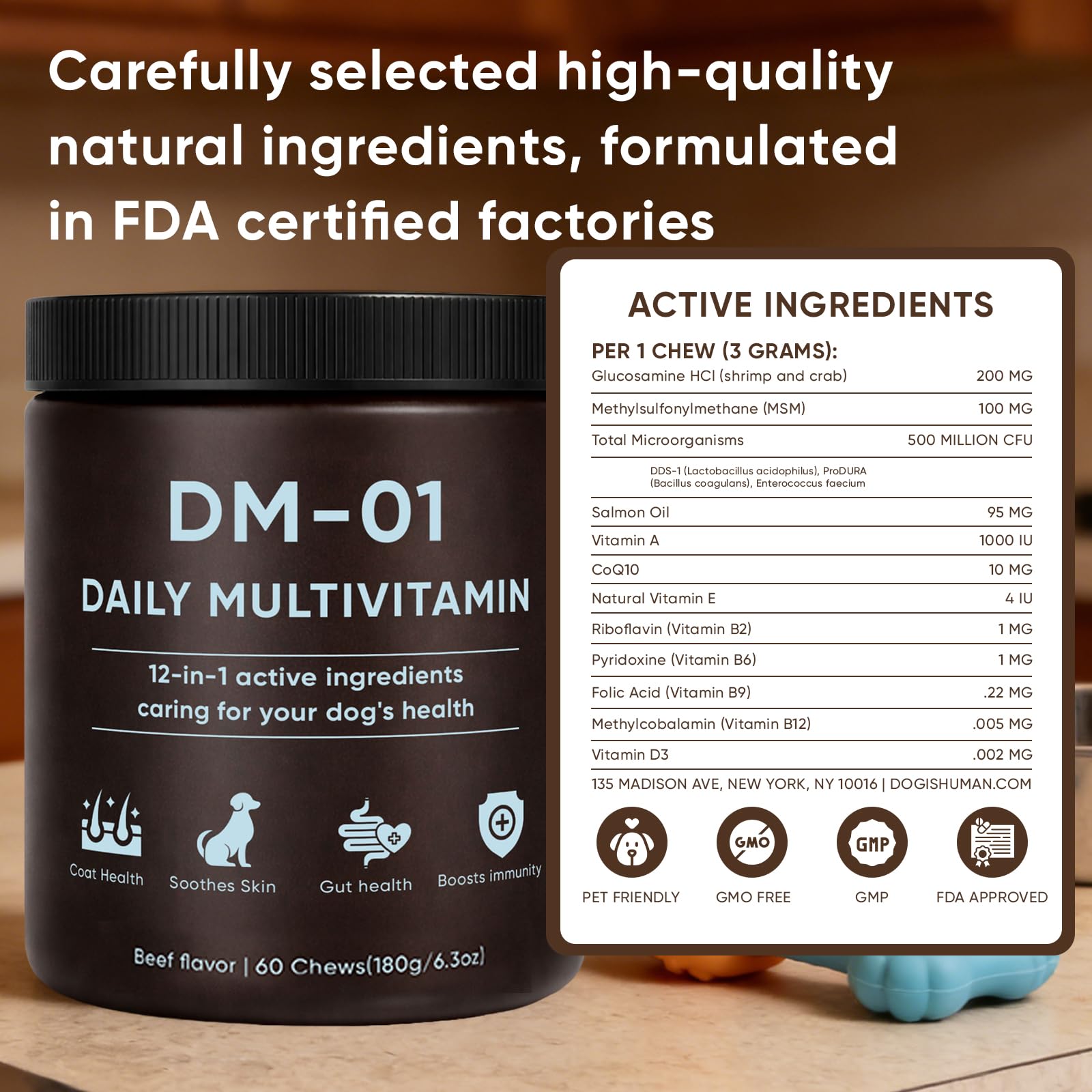 AMOQUCT DM-01 chews displayed as tasty daily nutrition for dogs.