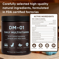 AMOQUCT DM-01 chews displayed as tasty daily nutrition for dogs.