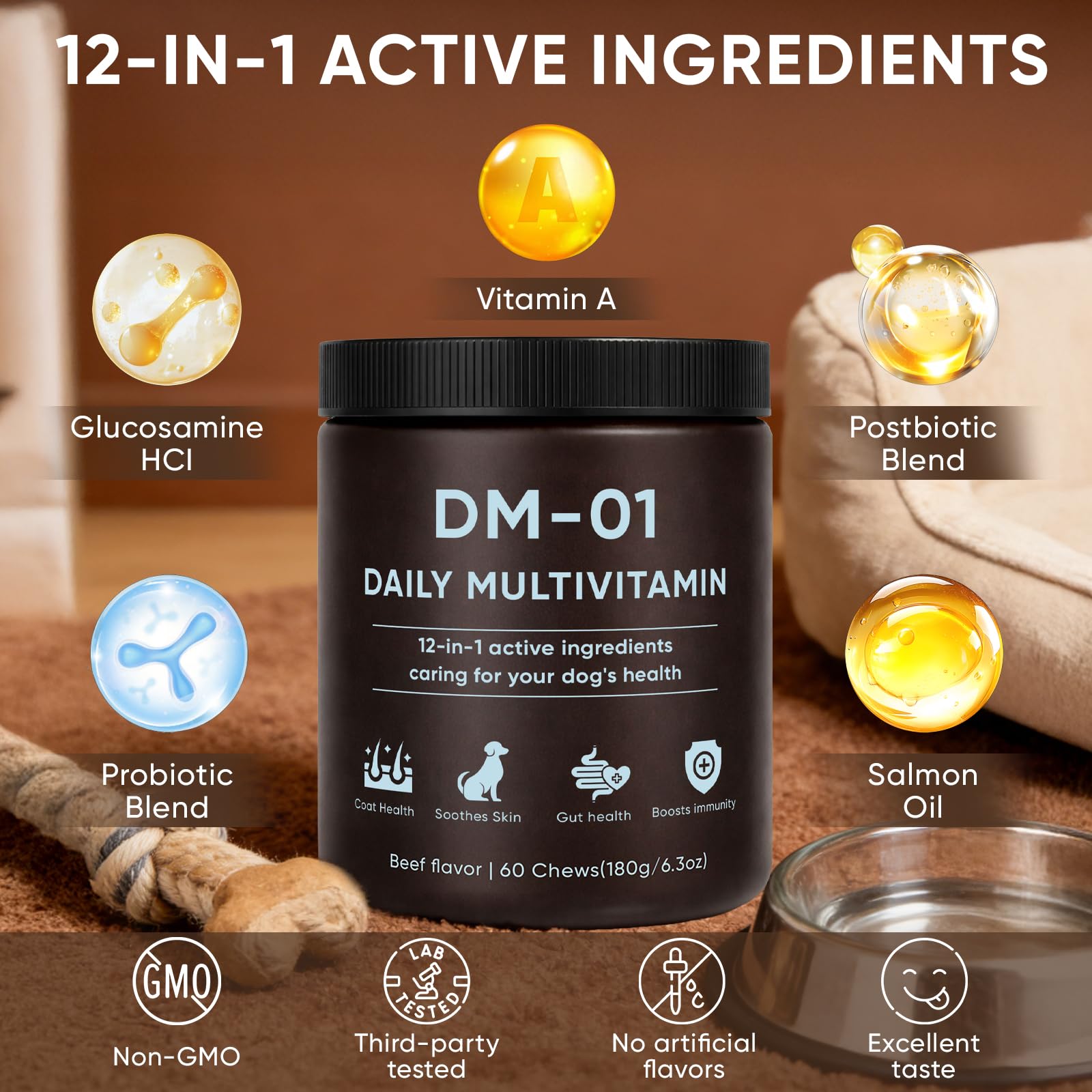 A dog enjoys DM-01 chew during breakfast, supporting joint comfort.