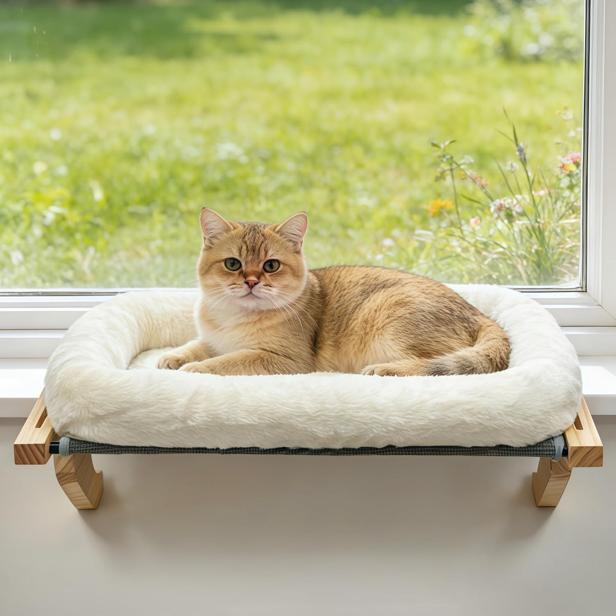 AMOSIJOY cat sill window perch with cushion bed cover provides cozy warmth for naps.