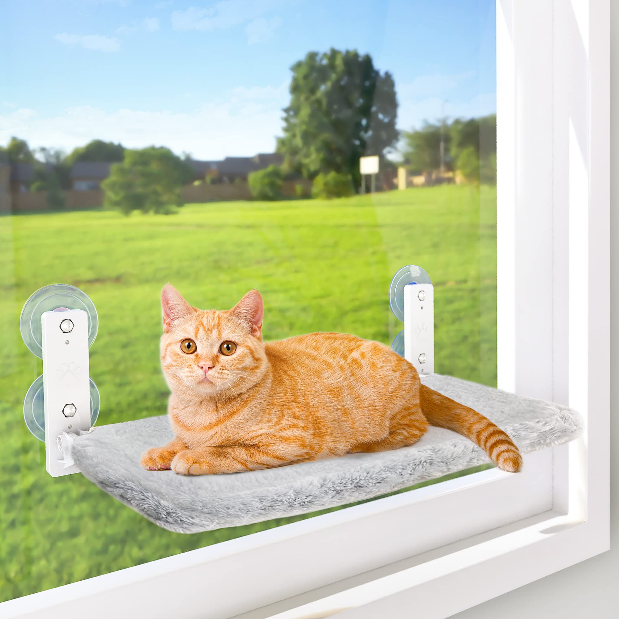 AMOSIJOY cordless cat window perch frame provides sturdy, durable support for sunlit naps.