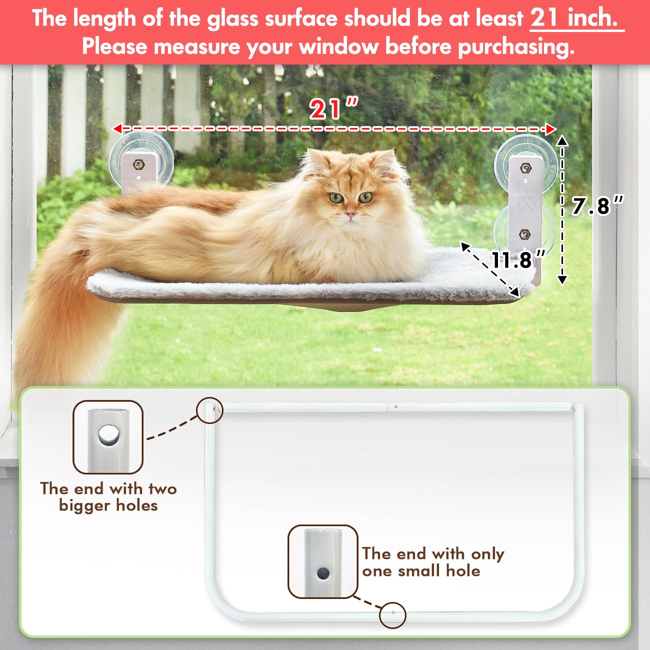 AMOSIJOY cordless cat window perch glass mounting with four suction cups for secure grip