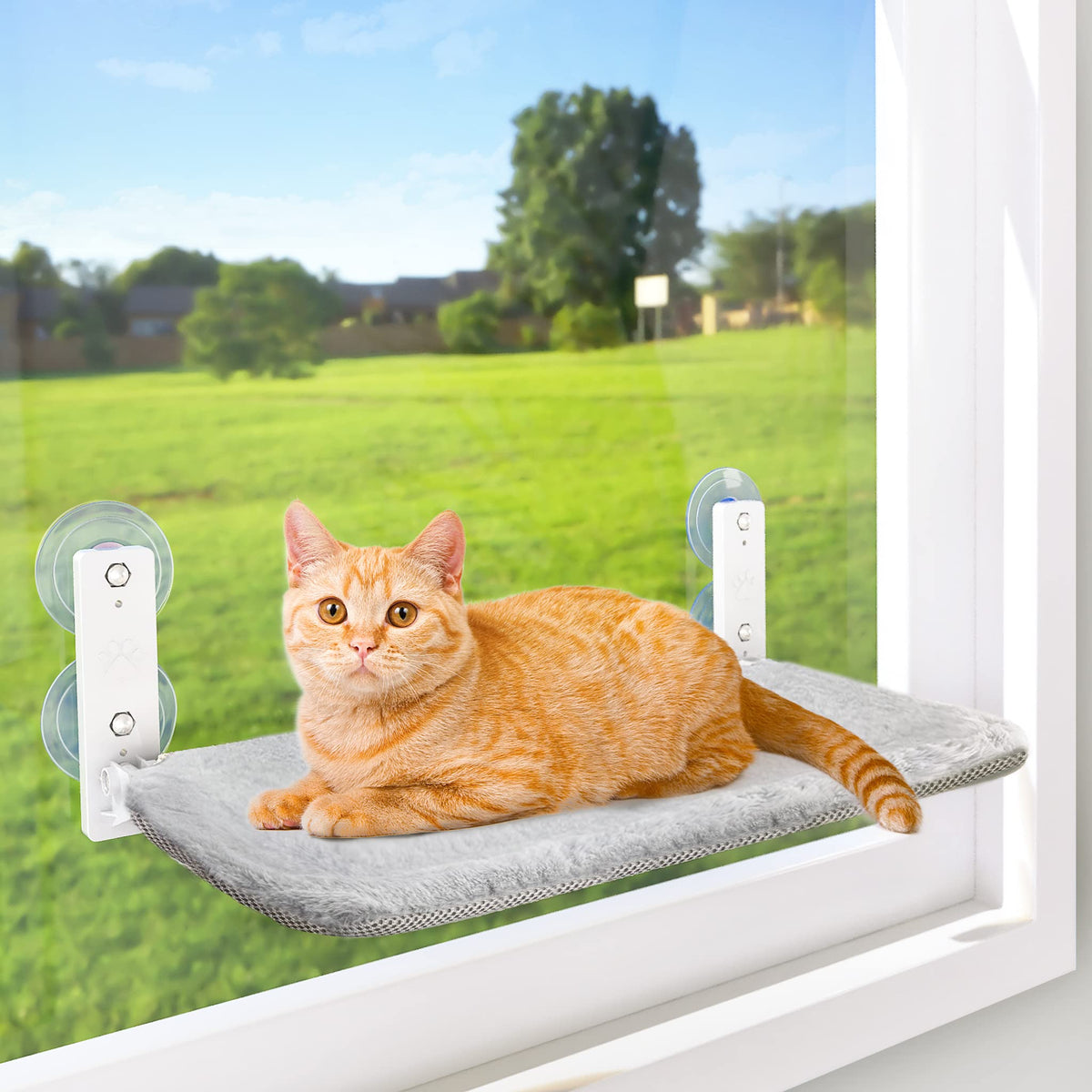 AMOSIJOY cordless cat window perch side view highlighting a slim, foldable frame