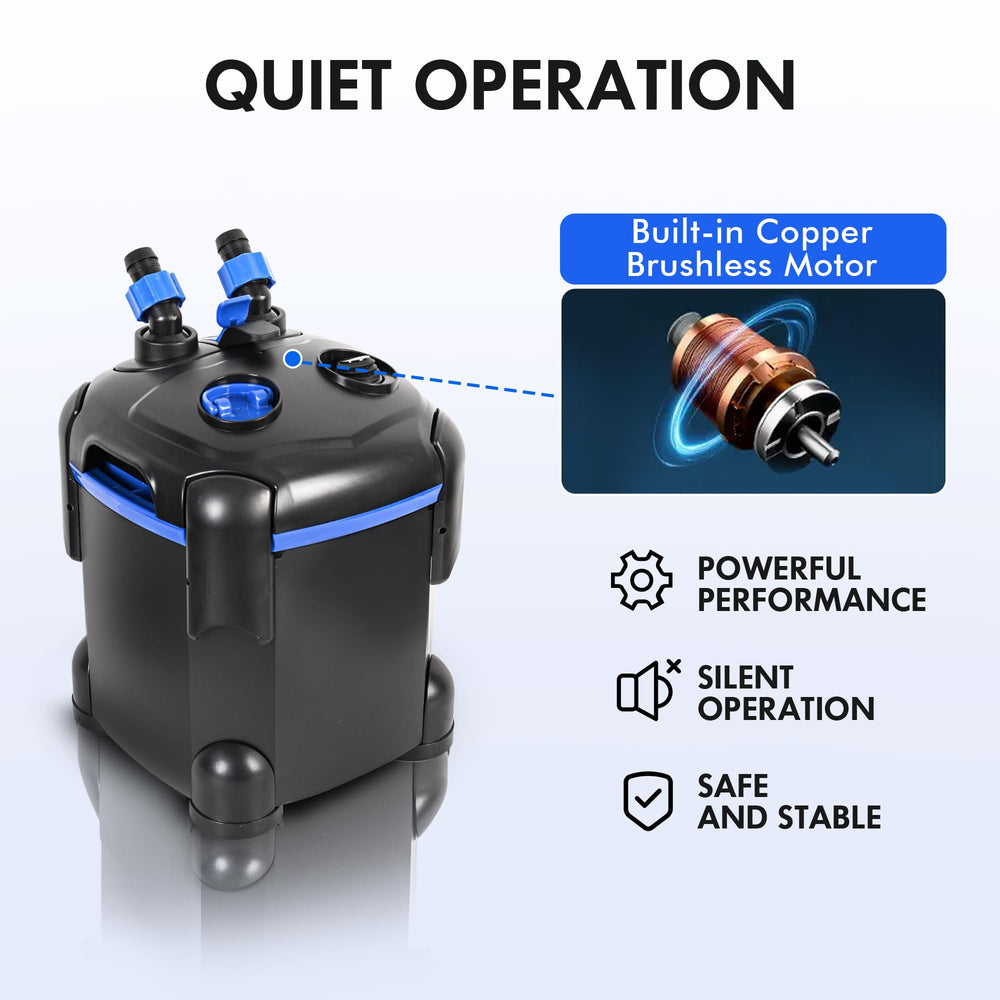 AMOSIJOY canister creates crystal-clear water with low noise for aquariums.