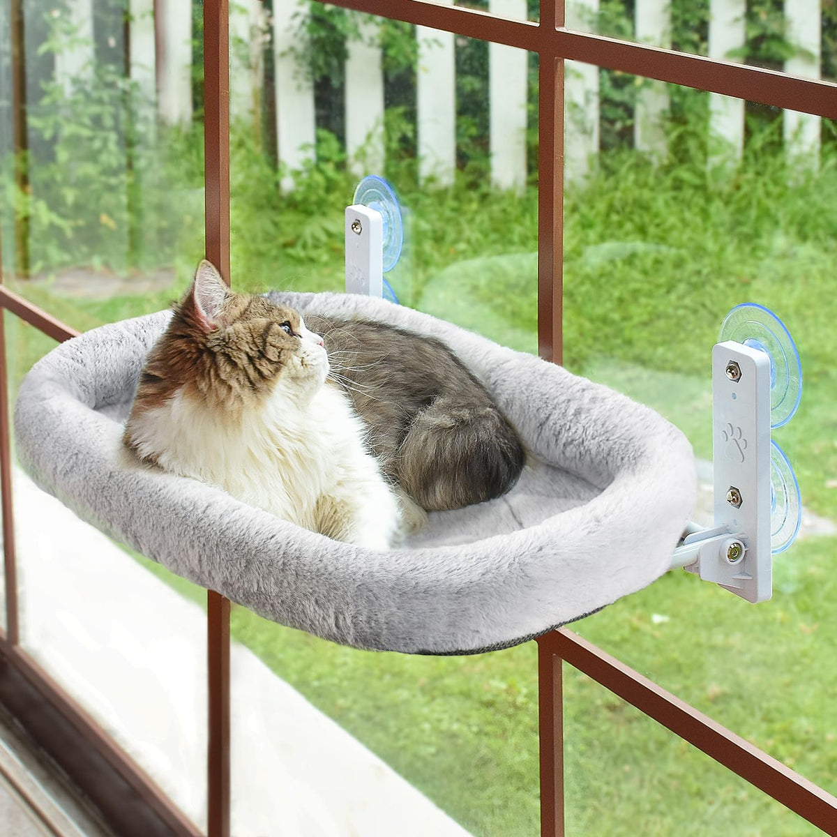 AMOSIJOY cordless cat window perch cover shows cozy, removable fabric for easy cleaning