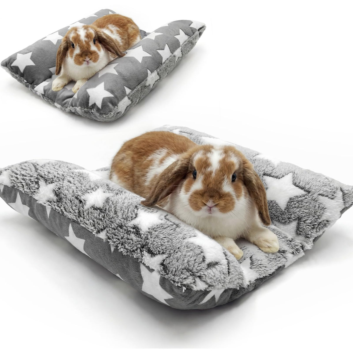 Amremsu rabbit bed front view highlights two sided plush warmth for rabbits