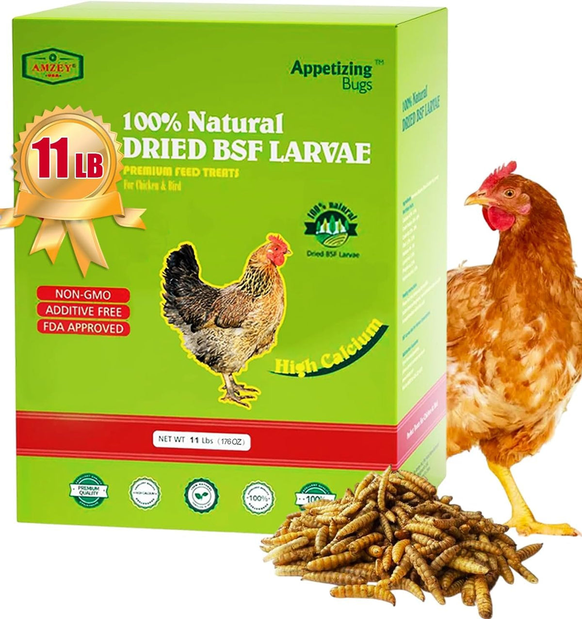 Amzey 11 LBS BSF larvae pack, premium dried treats for poultry and pets.