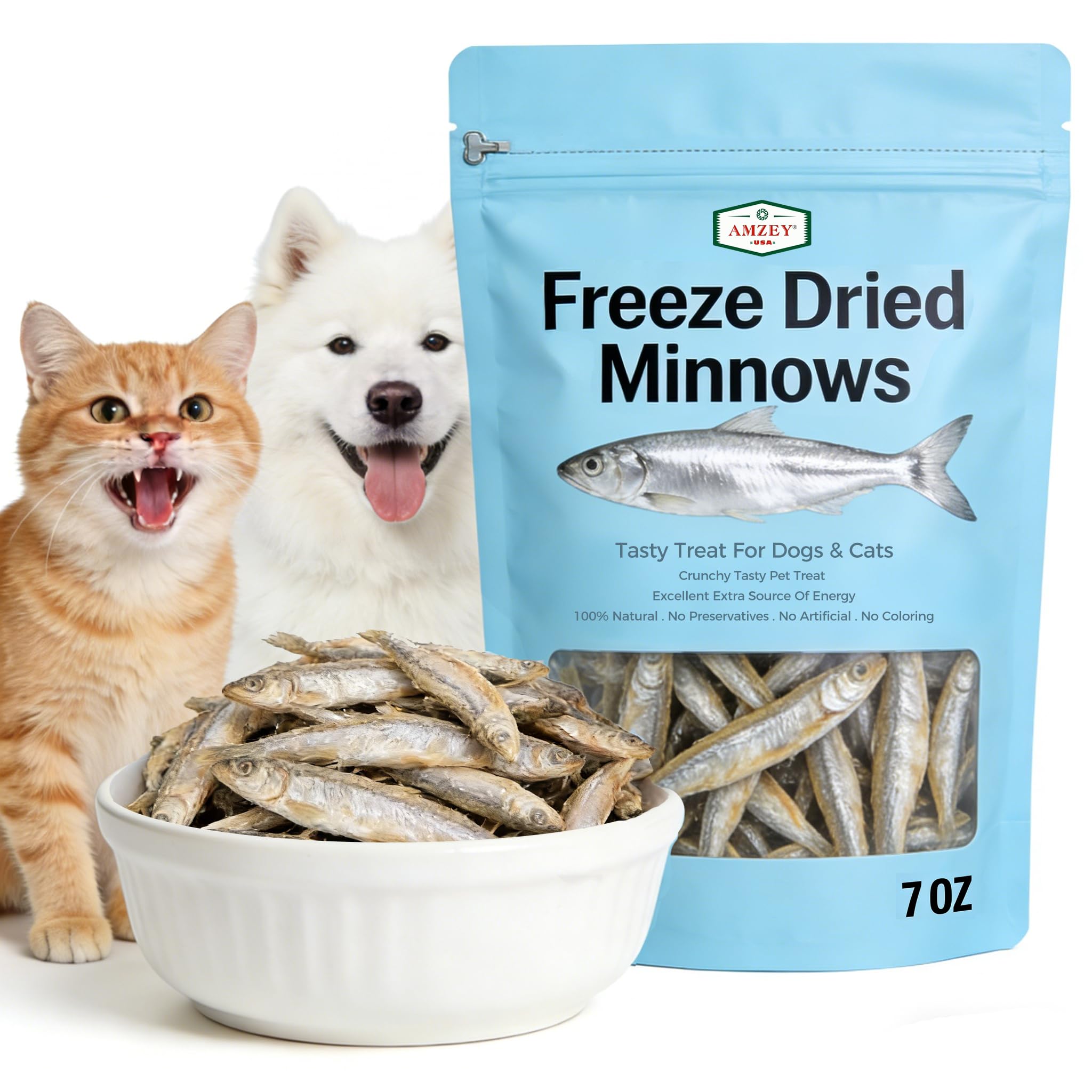 Amzey 7oz Minnows in a resealable bag, highlighting high-protein training treats.