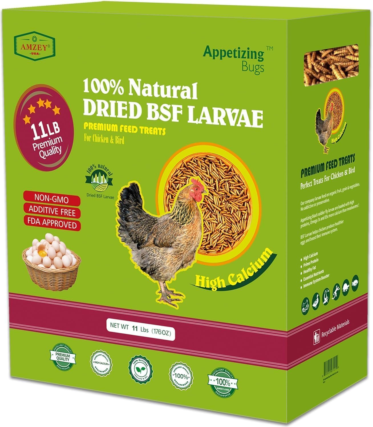 Amzey BSF larvae non-GMO packaging, clean ingredients for confident feeding.