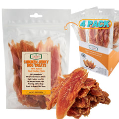 Amzey Chicken Jerky Dog Treats 24oz bulk-pack four airtight bags for storage.