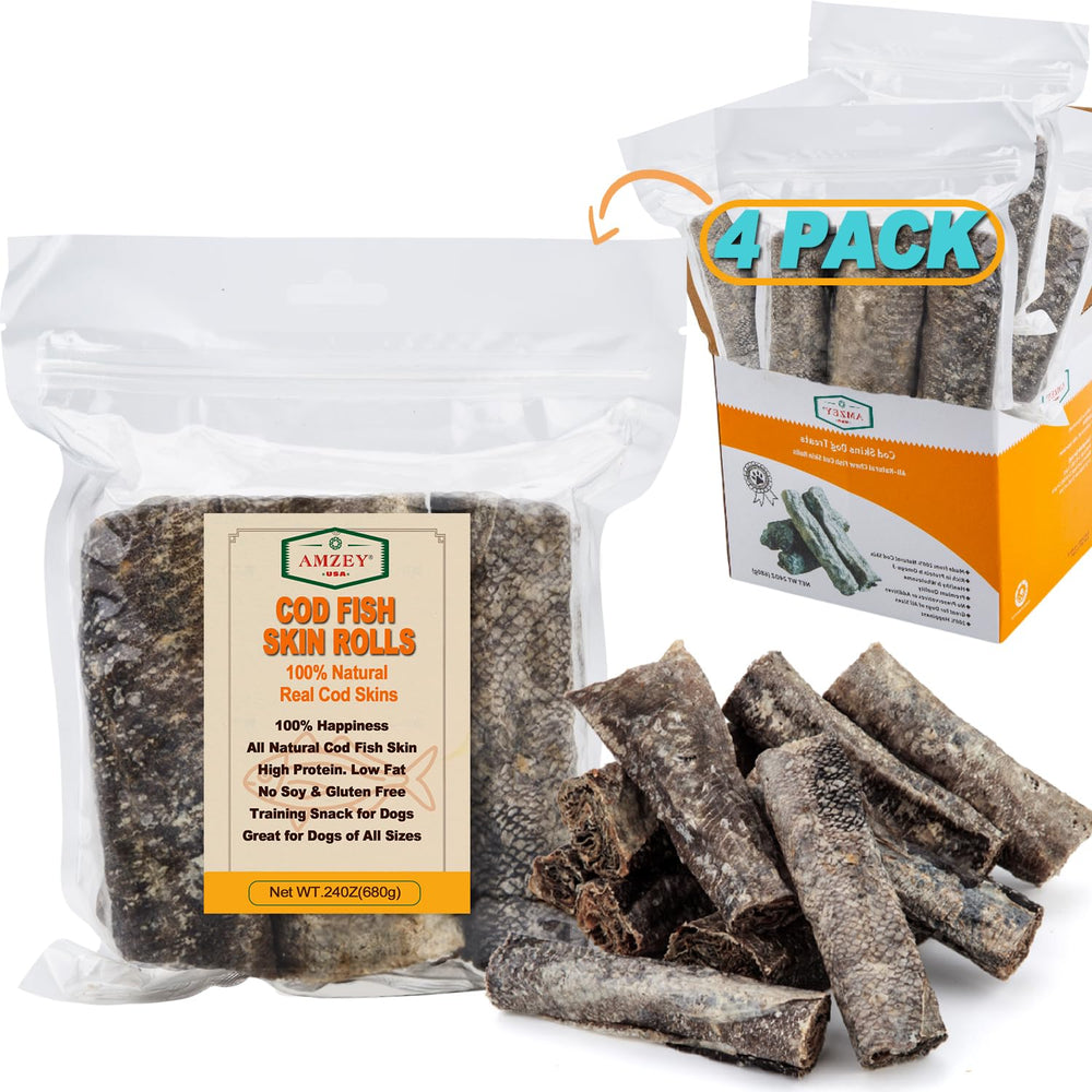 Amzey Cod Skin Dog Treats 24oz pack with resealable bags for freshness.