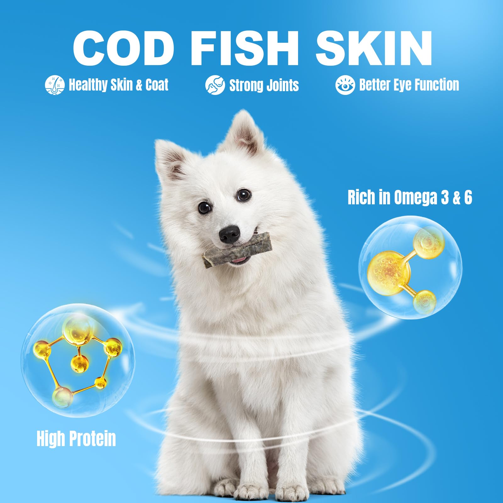 Amzey Cod Skin Dog Treats sealed bags on shelf for easy portioning.