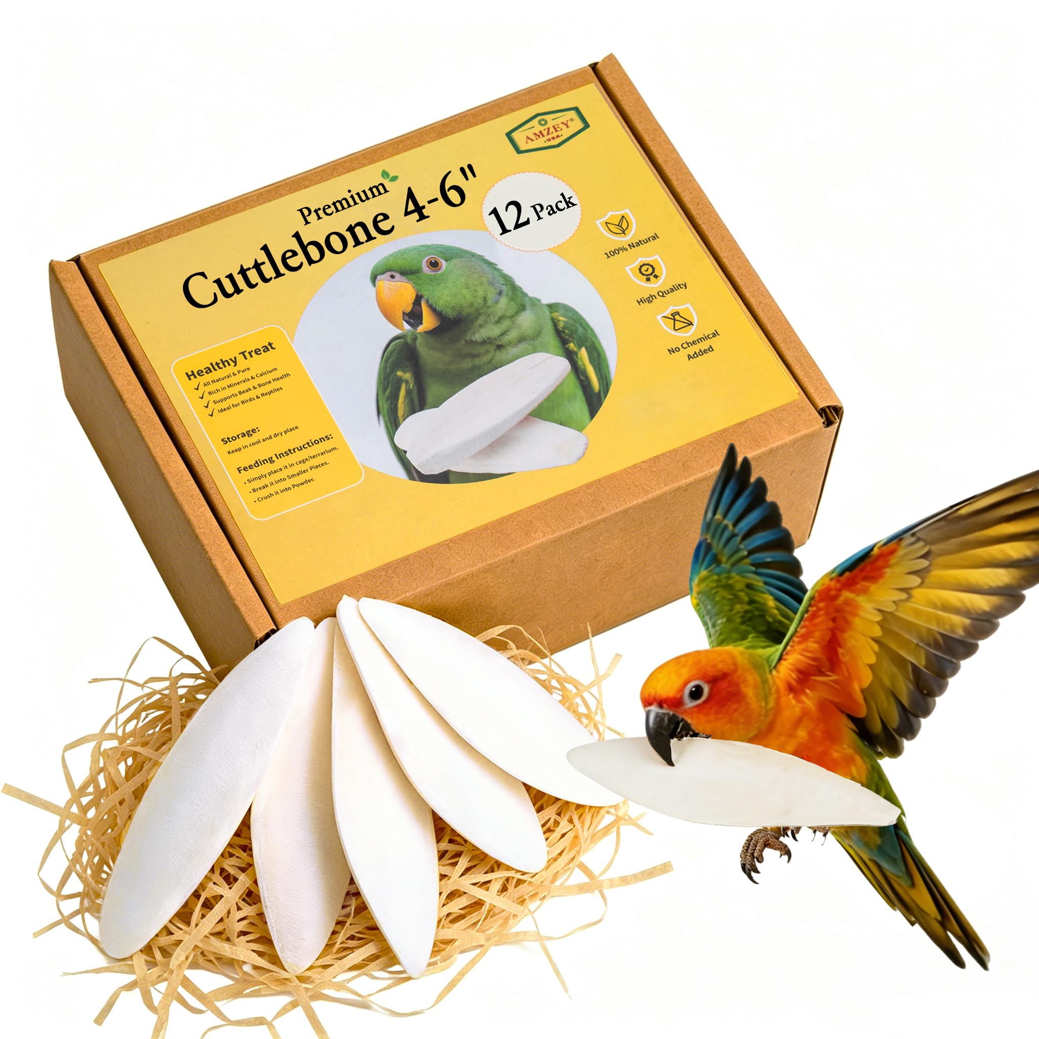 Amzey cuttlebone 4-6 inch sun-dried for birds supports healthy bones and vibrant feathers.