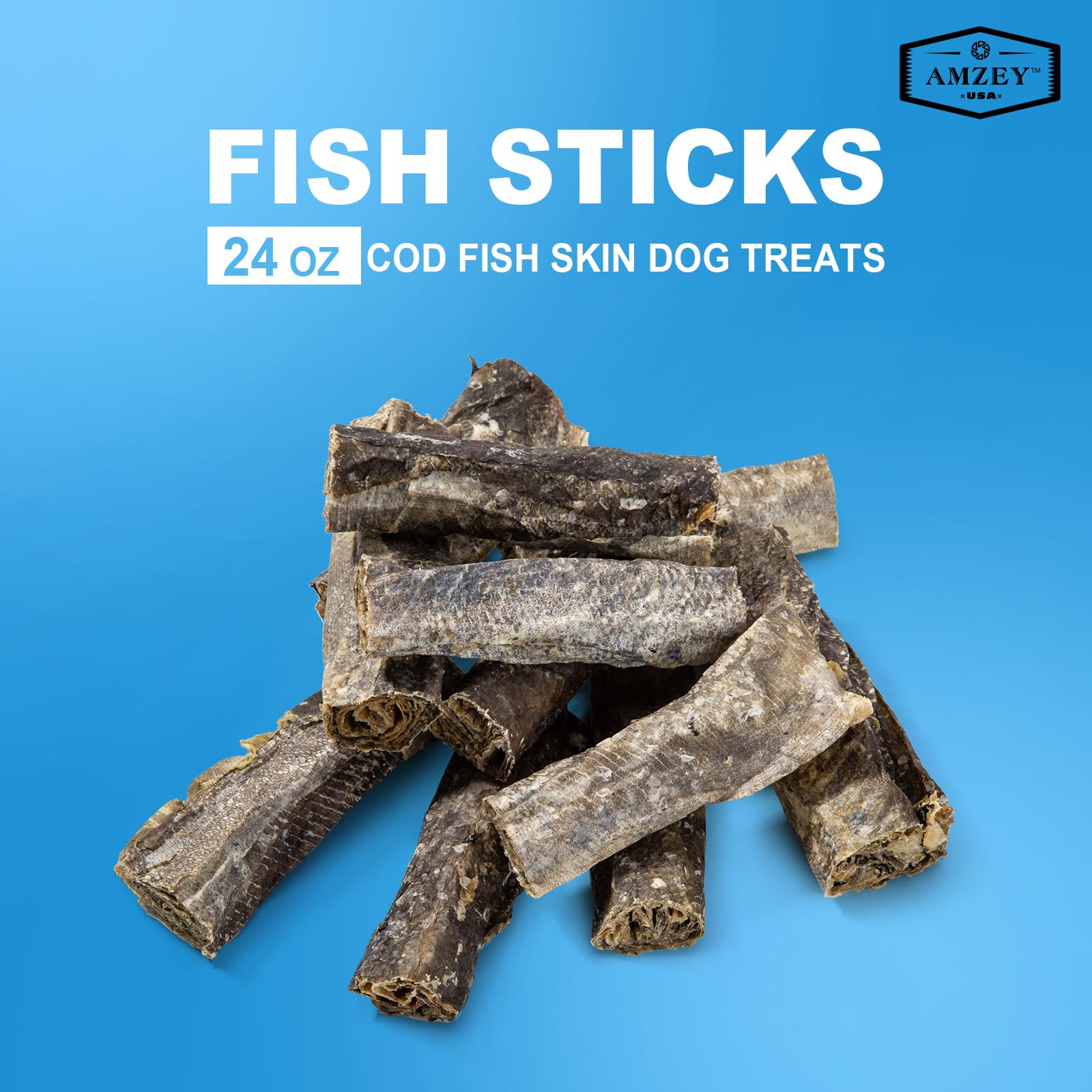 Amzey Dog enjoying cod skin chew in yard.