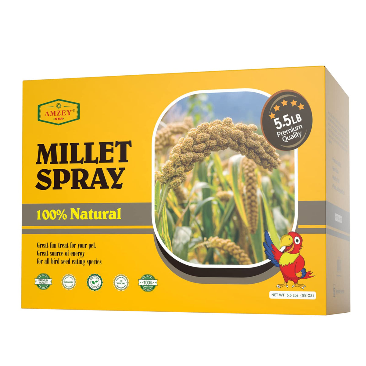 Amzey spray millet near parakeet perch, natural snack.