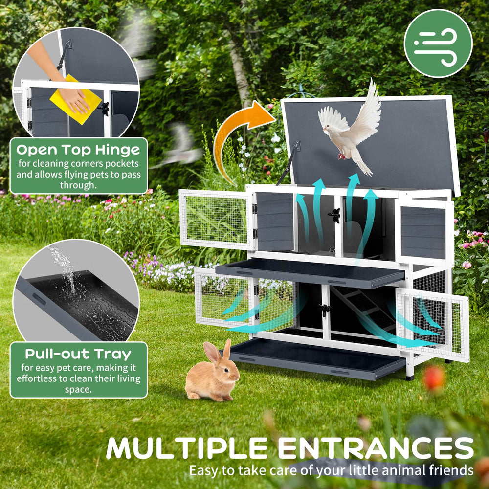 AMZOSS removable tray on rabbit cage for quick cleaning.