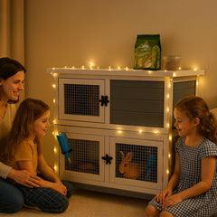 AMZOSS wooden rabbit hutch with ventilation doors for airflow.