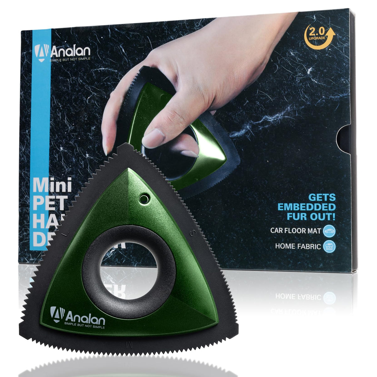 Analan triangle dog hair remover cleans car interiors quickly and efficiently.