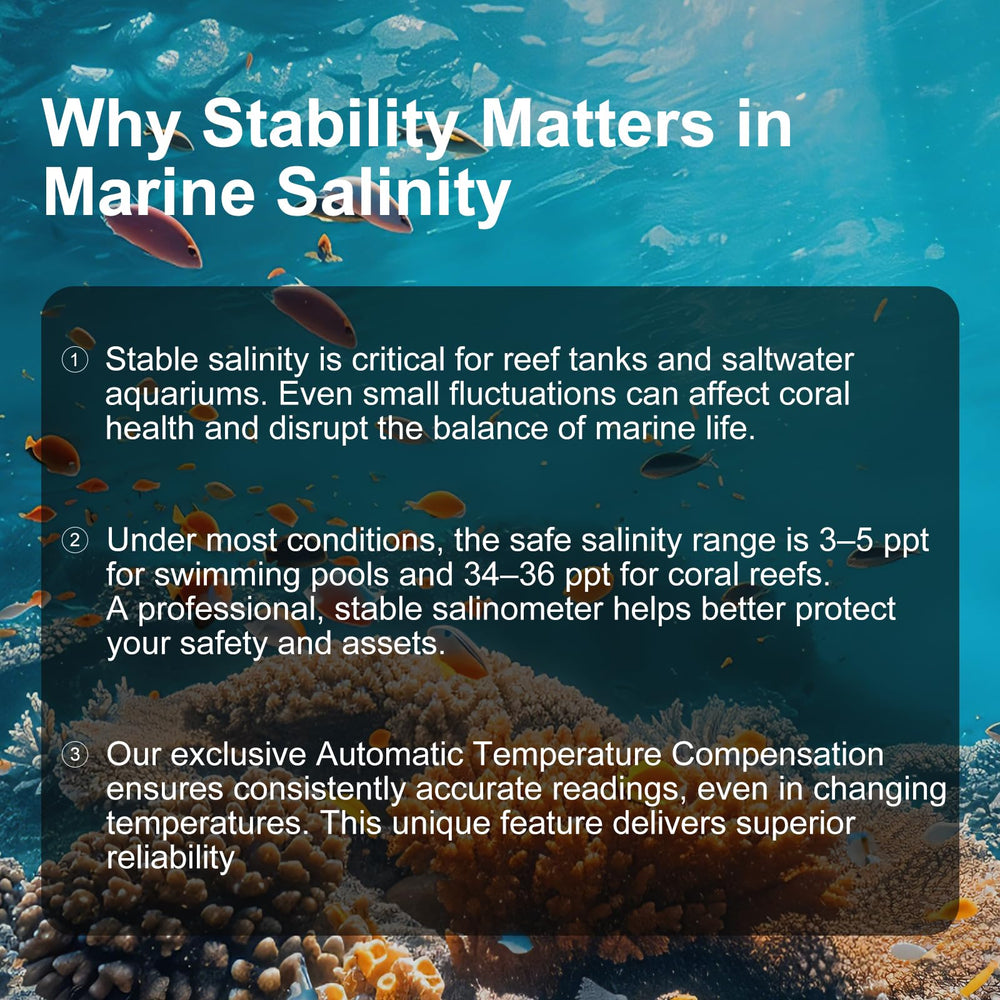 Anbachi Digital Salinity Meter 3in1-testing captures integrated SG, salinity, and temperature readings.