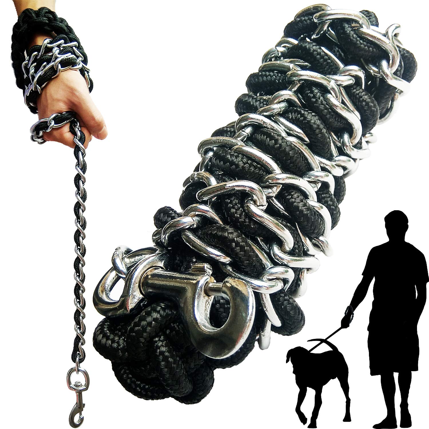AncBace dog leash with chrome chain and nylon rope for durable outdoor walks.