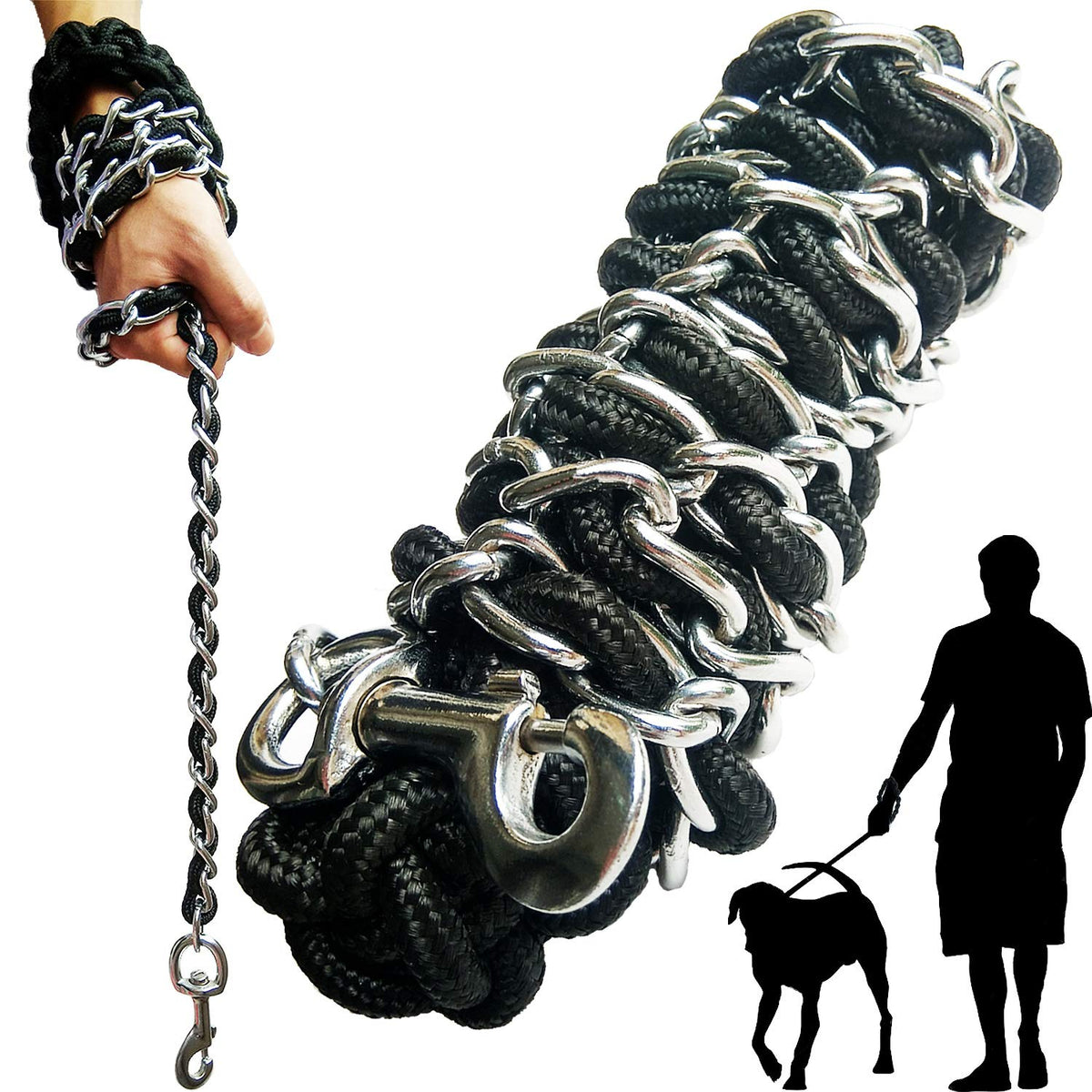 AncBace dog leash with chrome chain and nylon rope for durable outdoor walks.