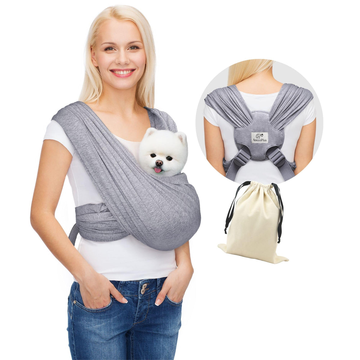 AnccoPlus front-facing dog carrier worn on chest for secure, hands-free transport.