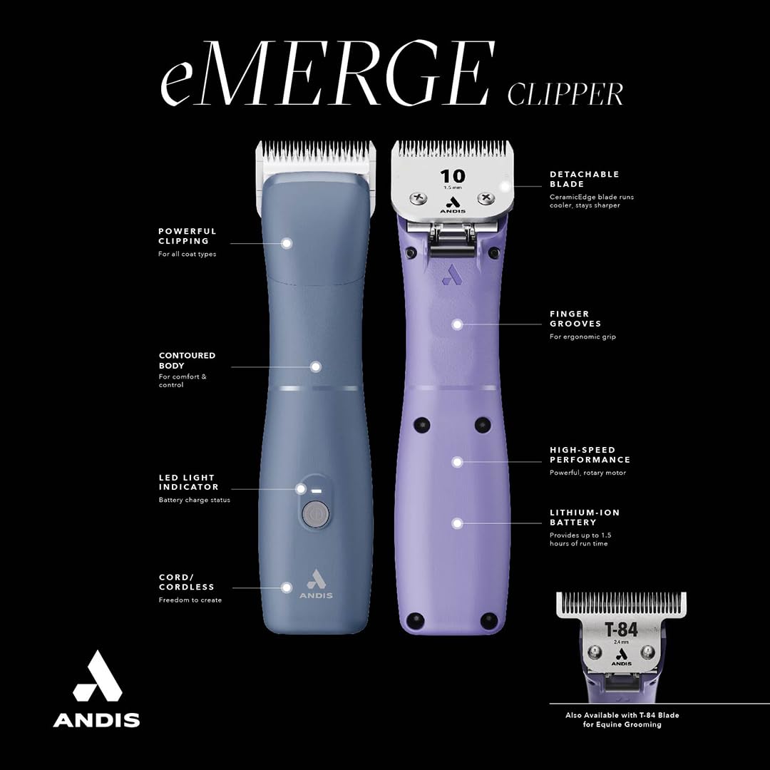 Andis eMERGE cordless versatility allows operation with or without a cord.