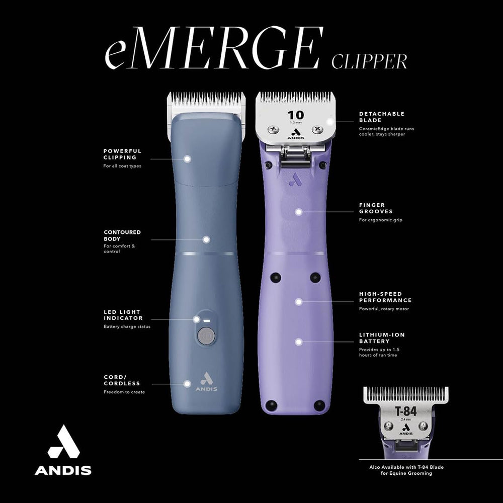 Andis eMERGE cordless versatility allows operation with or without a cord.