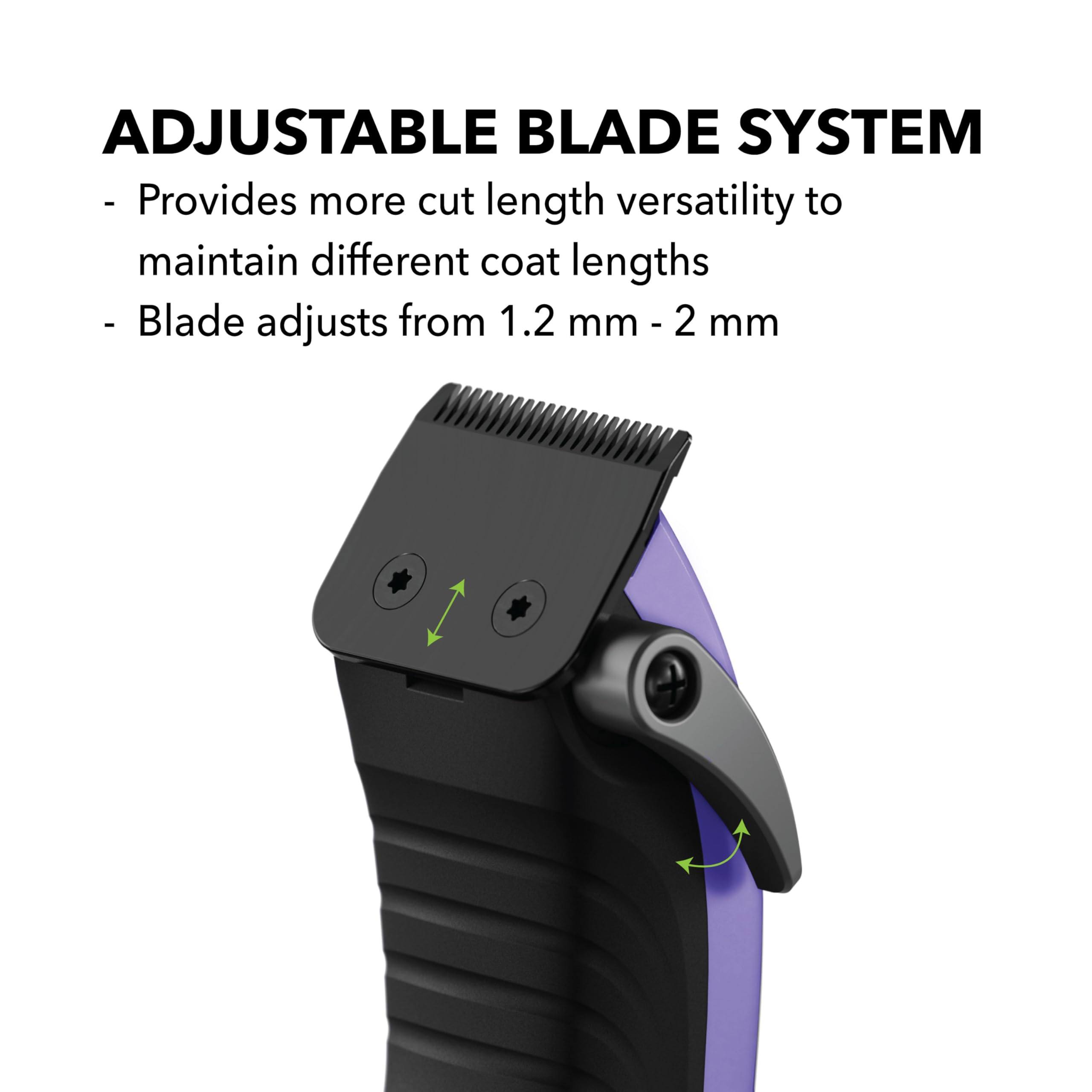 Andis titanium-coated blade close-up showing 1.2-2mm versatility for precise trimming