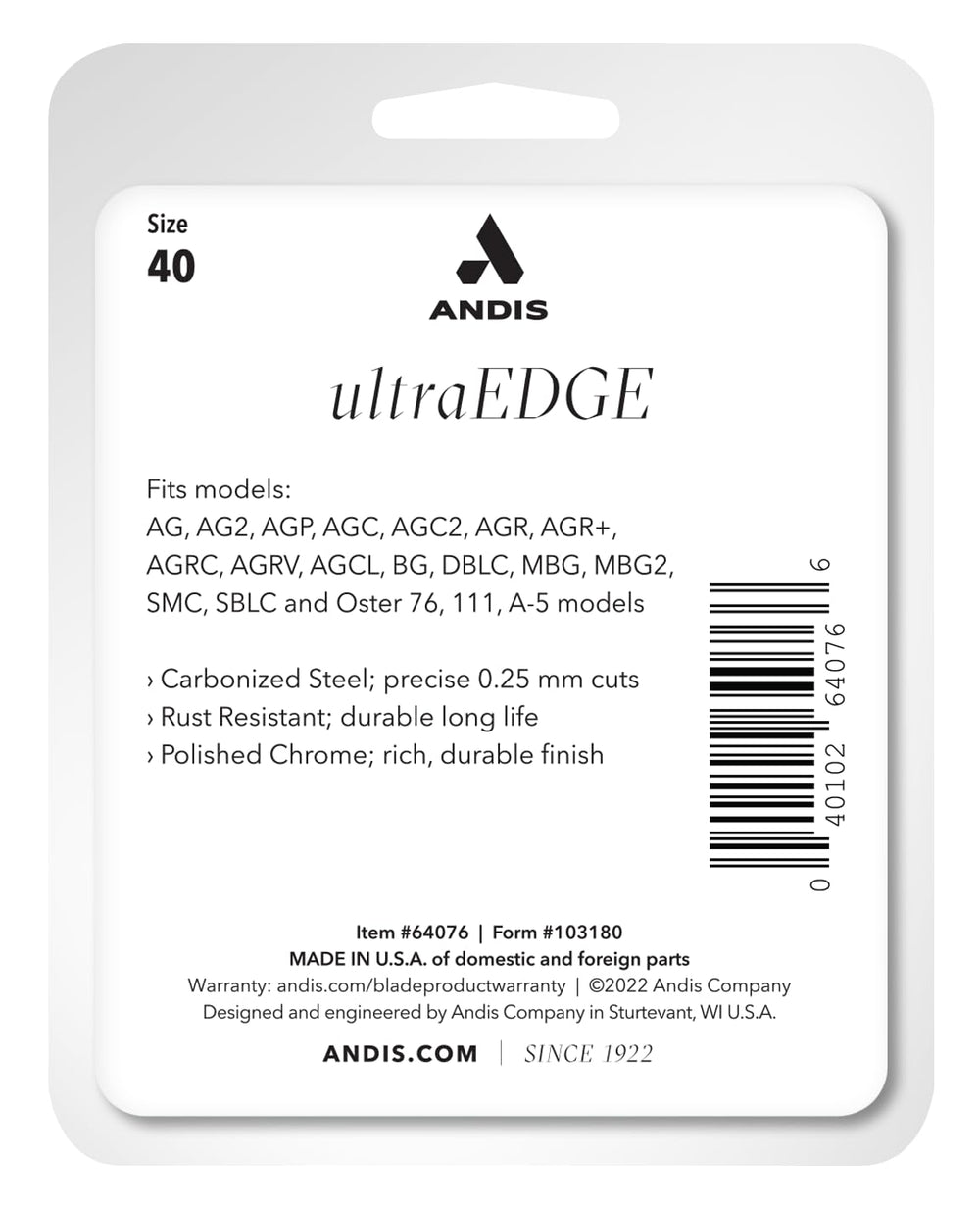 Andis UltraEdge Size 40 blade with compatible clipper for easy blade swaps.