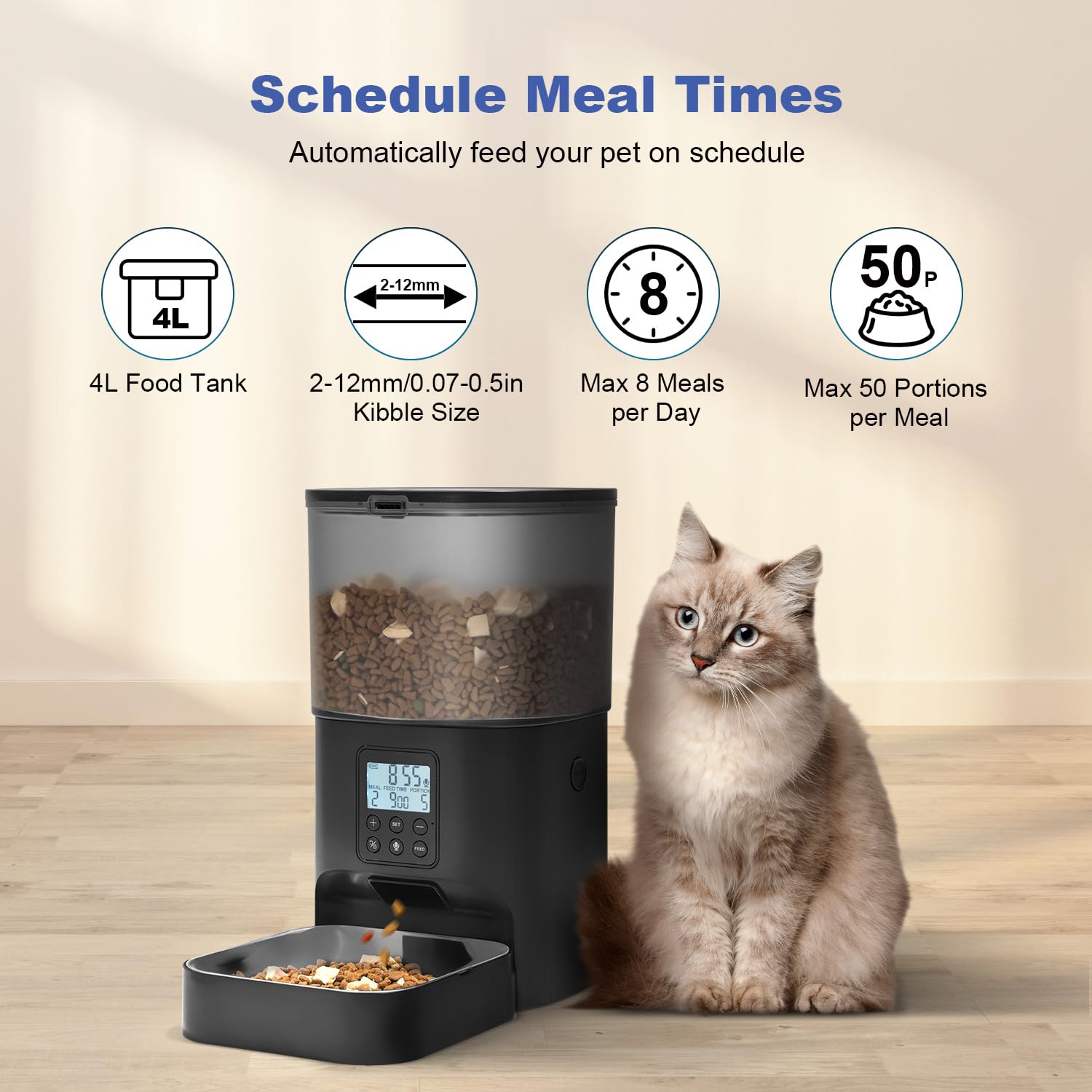 Andoll Home feeder dispensing action highlights smooth food flow into the bowl