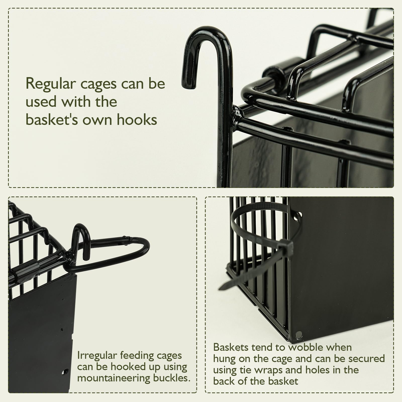 Andounier hay feeder with adjustable hook attached to cage bars.