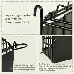 Andounier hay feeder with adjustable hook attached to cage bars.
