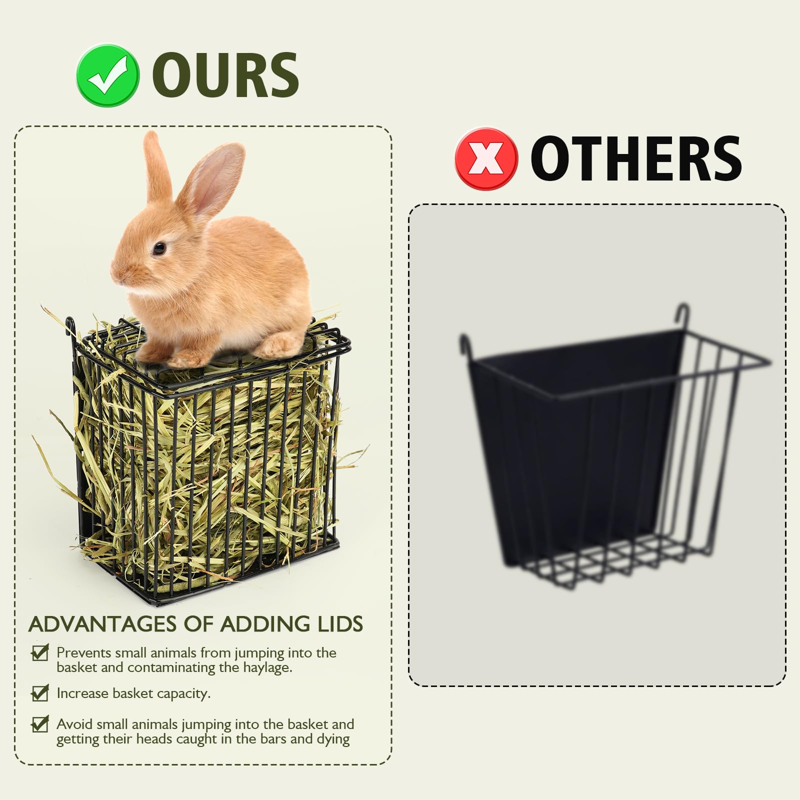Andounier metal-frame hay rack mounted on a cage for stability.