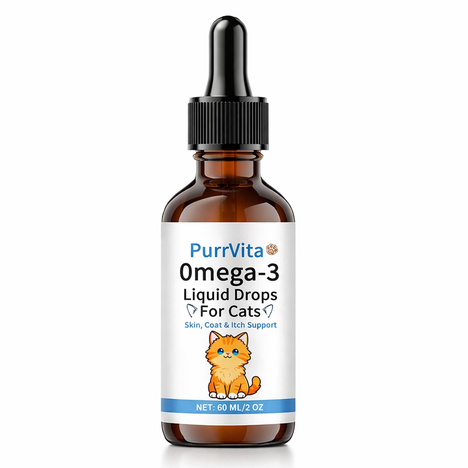 ANEFOSE PurrVita Omega-3 drops bottle close-up for a glossy cat coat.