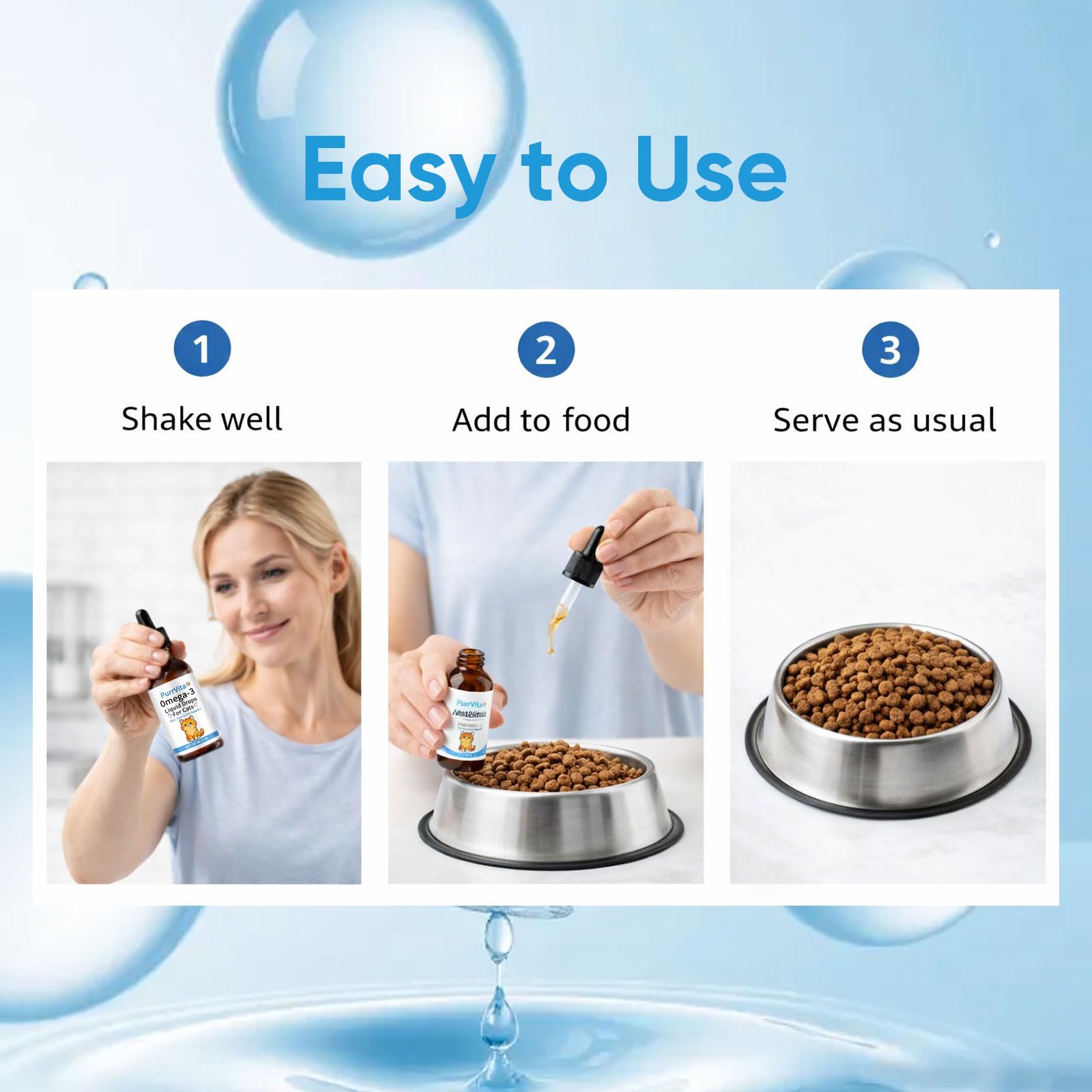 ANEFOSE PurrVita drops help a cat enjoy a calm mealtime.