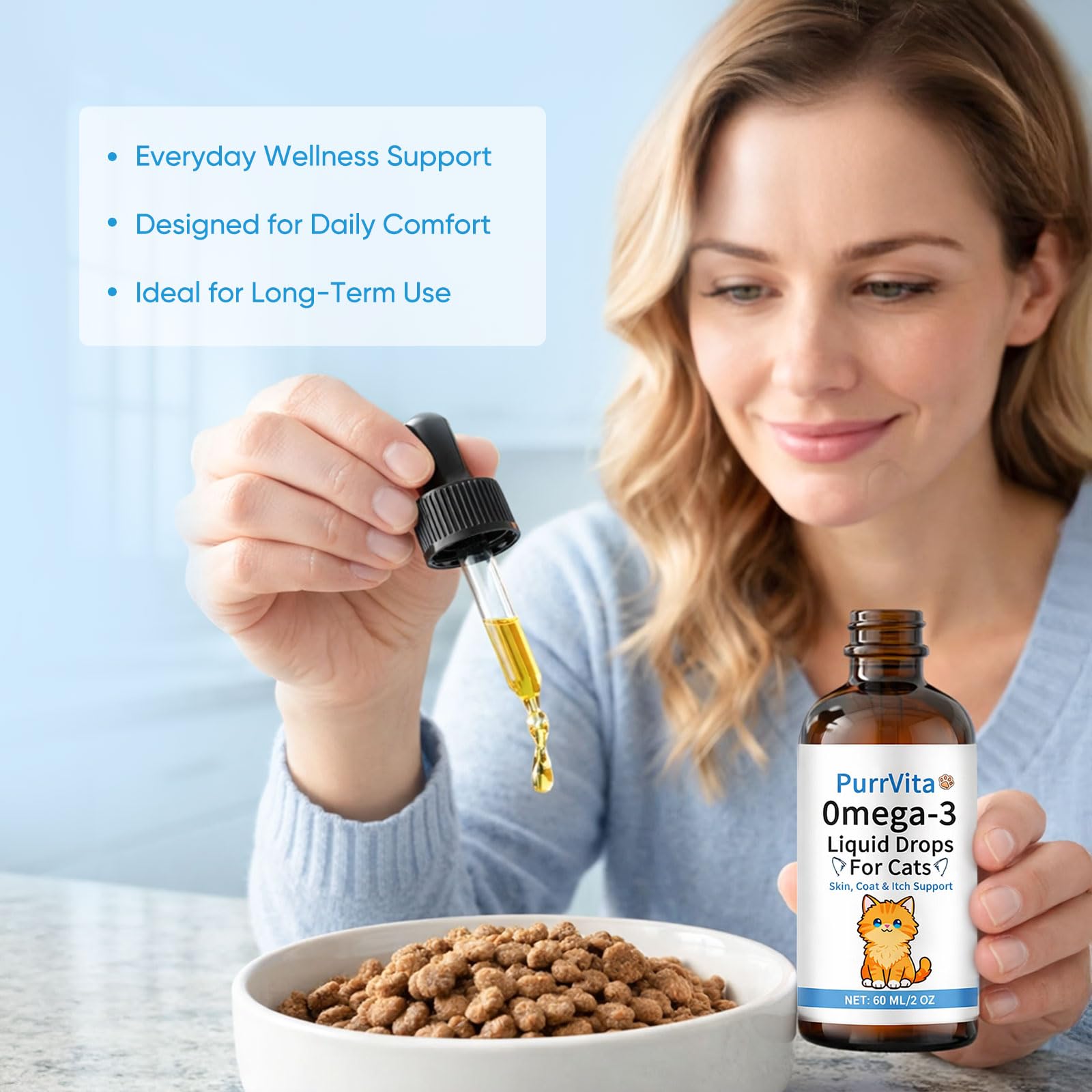 ANEFOSE PurrVita Omega-3 dropper releasing a precise dose.