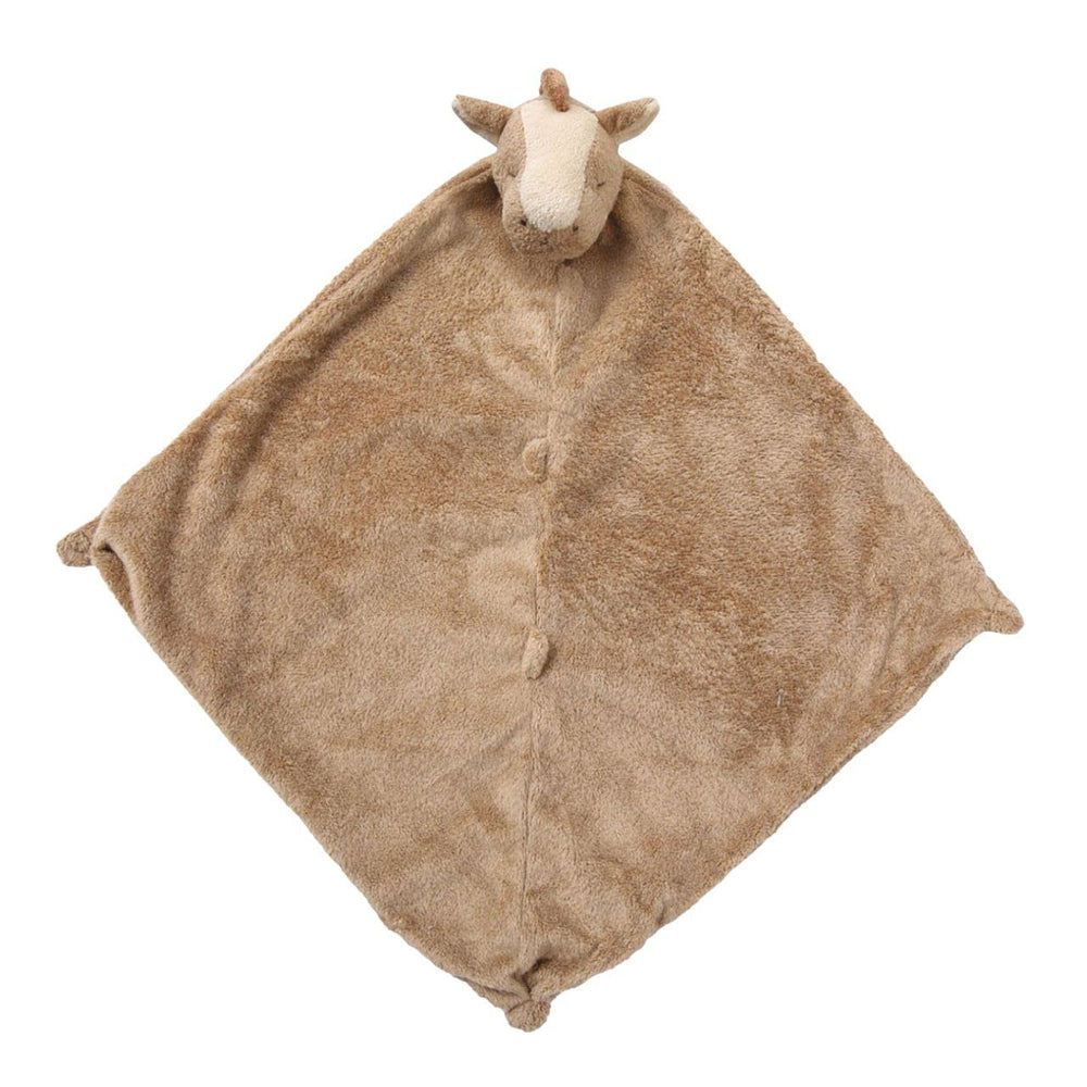 Angel Dear brown pony blankie in use, highlighting portable 13x13 inch size for on-the-go comfort.