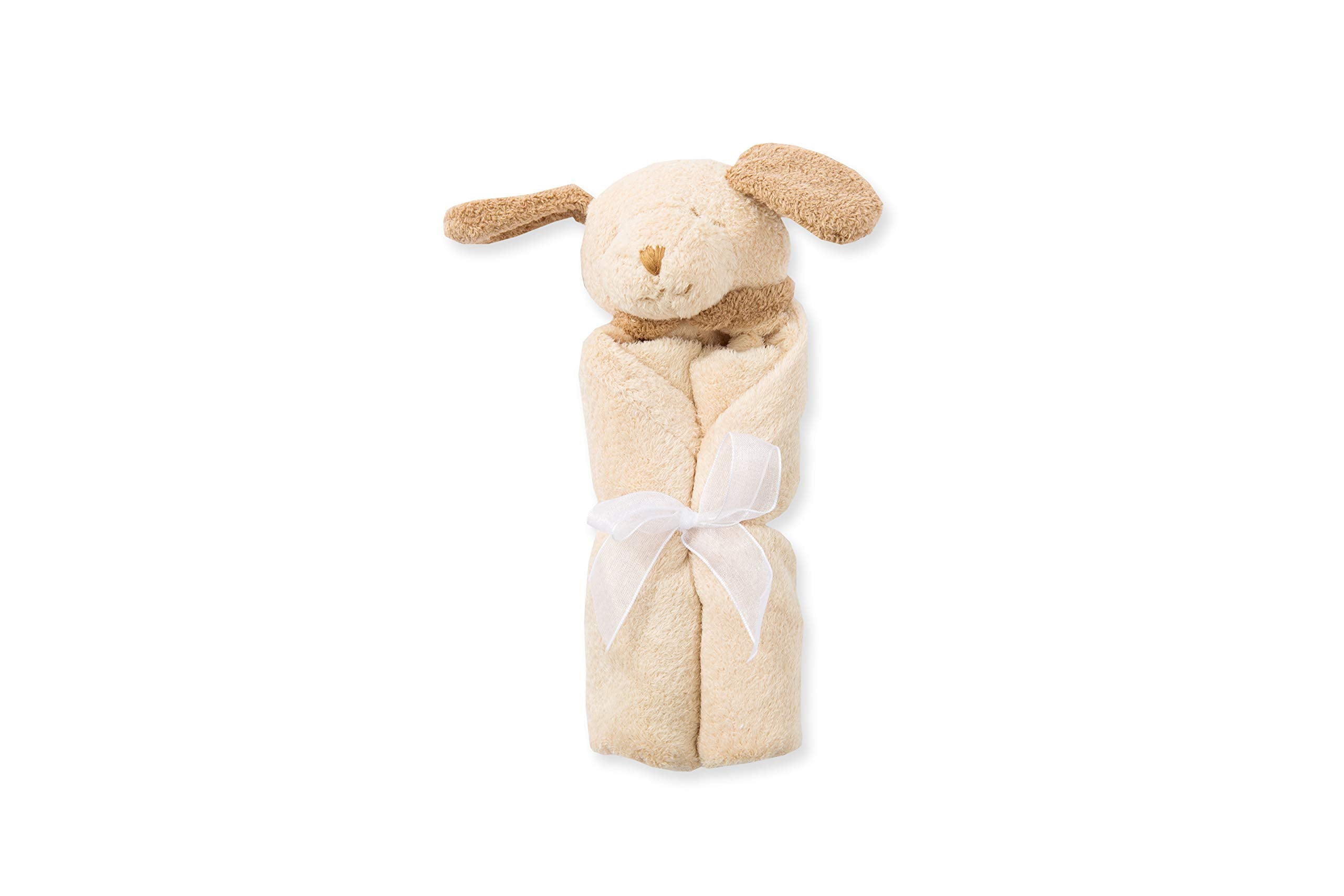 Angel Dear light brown puppy blankie shows easy-grip animal head for comforting security.