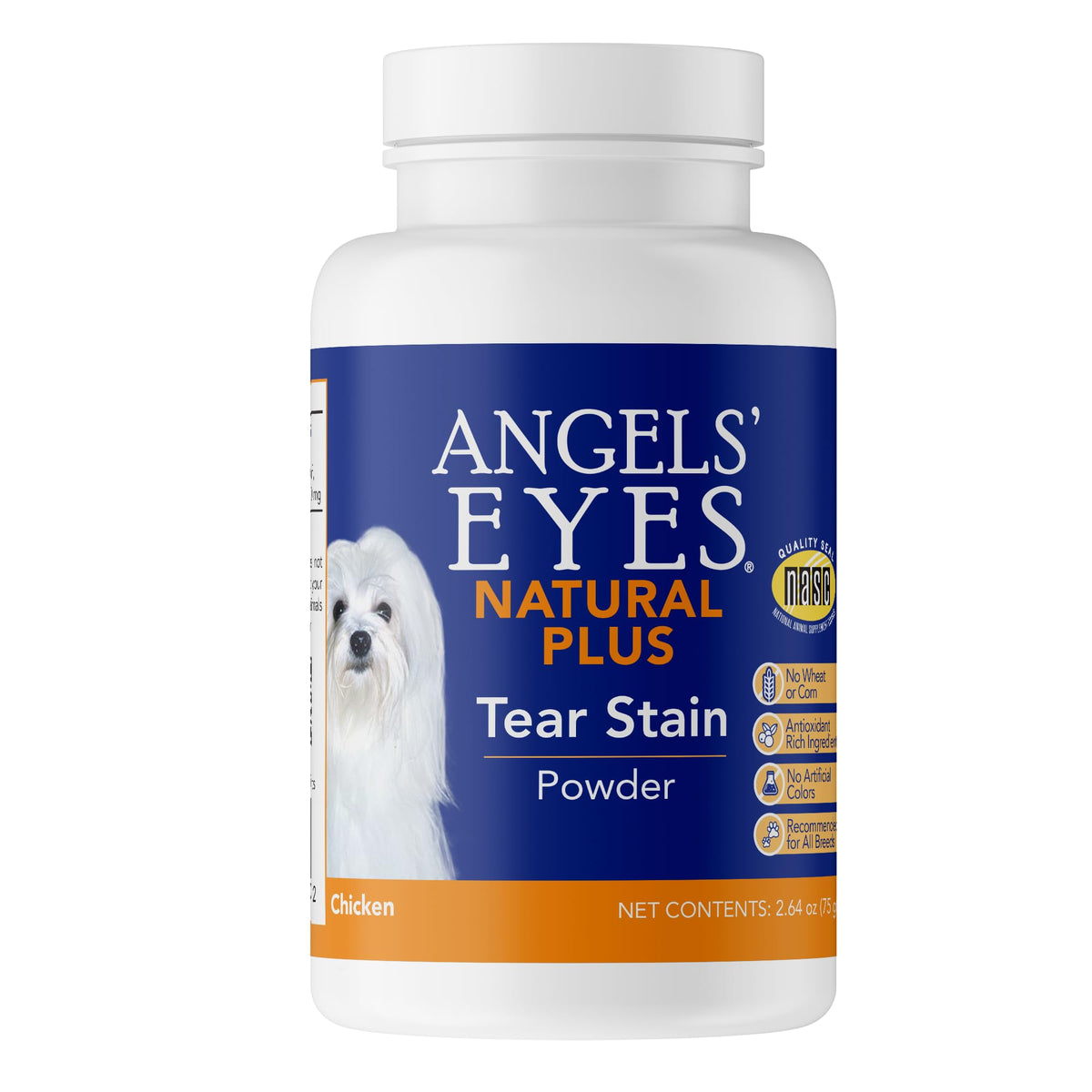 ANGELS' EYES Natural Plus tear stain powder bottle and scoop for dogs to support bright fur